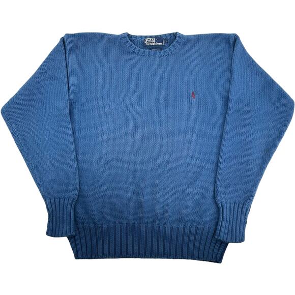 VTG 90s y2k Men's Blue Knitted Polo Ralph Lauren Cotton Crewneck Sweatshirt Sz L - Picture 1 of 6